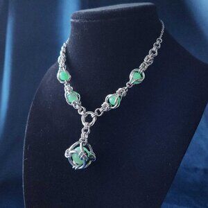 Vintage medieval gothic green aventurine and silver chainmail choker necklace